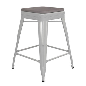 English Elm Kai Commercial Grade 24" Backless Metal Counter Stool for Indoor-Outdoor Use - Durable & Stylish Design Gray Seat/White Frame CH-31320-24-WH-PL2G-GG