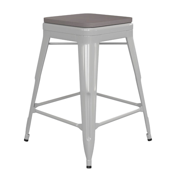 English Elm Kai Commercial Grade 24" Backless Metal Counter Stool for Indoor-Outdoor Use - Durable & Stylish Design Gray Seat/White Frame CH-31320-24-WH-PL2G-GG
