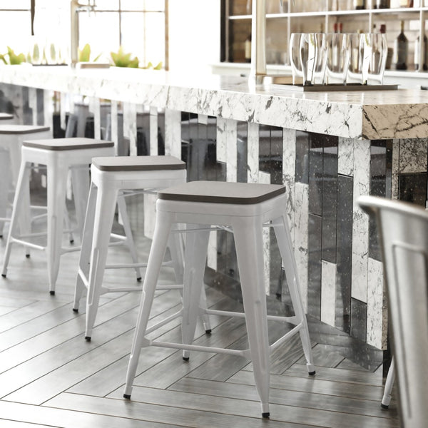 English Elm Kai Commercial Grade 24" Backless Metal Counter Stool for Indoor-Outdoor Use - Durable & Stylish Design Gray Seat/White Frame CH-31320-24-WH-PL2G-GG