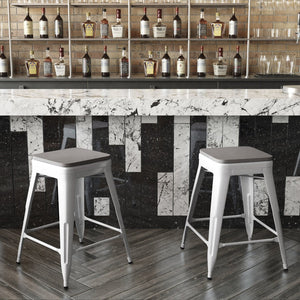 English Elm Kai Commercial Grade 24" Backless Metal Counter Stool for Indoor-Outdoor Use - Durable & Stylish Design Gray Seat/White Frame CH-31320-24-WH-PL2G-GG