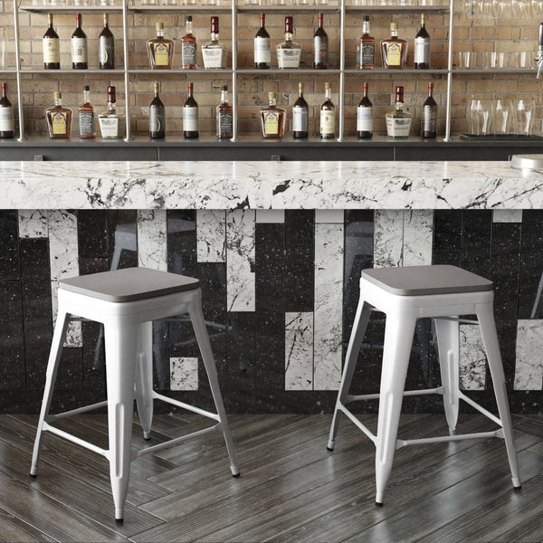 English Elm Kai Commercial Grade 24" Backless Metal Counter Stool for Indoor-Outdoor Use - Durable & Stylish Design Gray Seat/White Frame CH-31320-24-WH-PL2G-GG