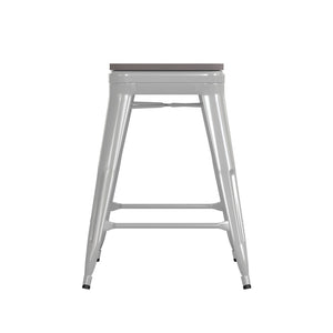 English Elm Kai Commercial Grade 24" Backless Metal Counter Stool for Indoor-Outdoor Use - Durable & Stylish Design Gray Seat/White Frame CH-31320-24-WH-PL2G-GG