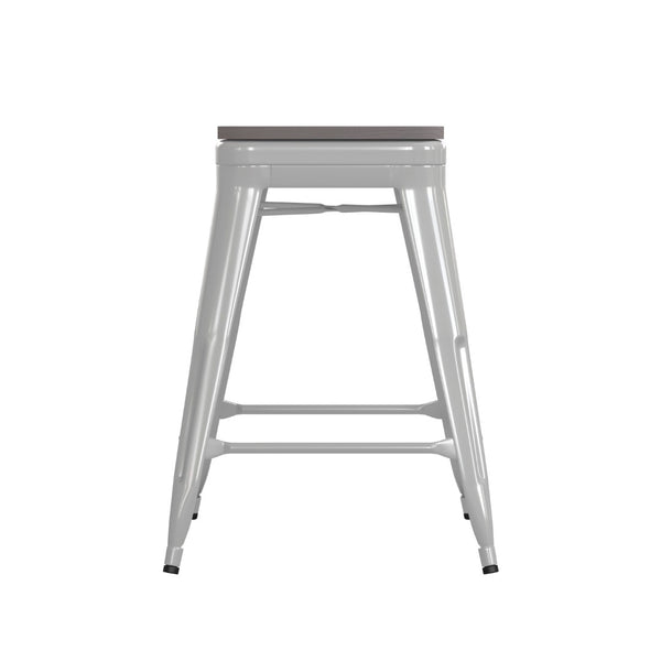 English Elm Kai Commercial Grade 24" Backless Metal Counter Stool for Indoor-Outdoor Use - Durable & Stylish Design Gray Seat/White Frame CH-31320-24-WH-PL2G-GG