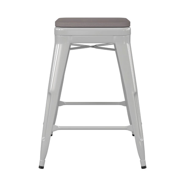 English Elm Kai Commercial Grade 24" Backless Metal Counter Stool for Indoor-Outdoor Use - Durable & Stylish Design Gray Seat/White Frame CH-31320-24-WH-PL2G-GG