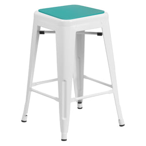 English Elm Kai Commercial Grade 24" Backless Metal Counter Stool for Indoor-Outdoor Use - Durable & Stylish Design Mint Green Seat/White Frame CH-31320-24-WH-PL2M-GG