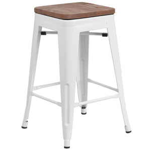 English Elm Lily 24" High Backless Metal Counter Stool with Stylish Wood Seat for Modern Industrial Spaces White CH-31320-24-WH-WD-GG