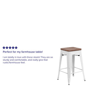 English Elm Lily 24" High Backless Metal Counter Stool with Stylish Wood Seat for Modern Industrial Spaces White CH-31320-24-WH-WD-GG