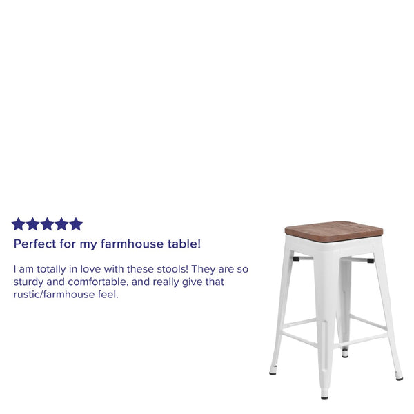 English Elm Lily 24" High Backless Metal Counter Stool with Stylish Wood Seat for Modern Industrial Spaces White CH-31320-24-WH-WD-GG