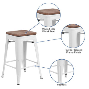 English Elm Lily 24" High Backless Metal Counter Stool with Stylish Wood Seat for Modern Industrial Spaces White CH-31320-24-WH-WD-GG