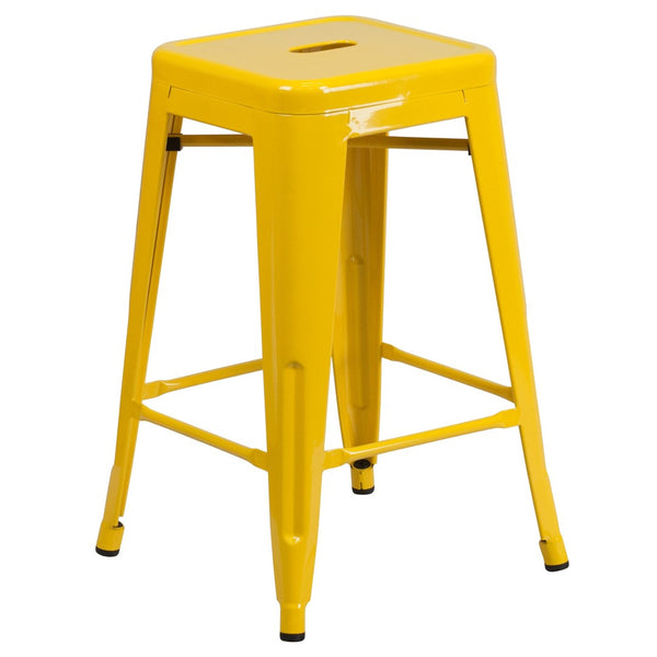 English Elm Kai Commercial Grade 24" High Backless Metal Counter Stool for Indoor-Outdoor Dining Spaces Yellow CH-31320-24-YL-GG