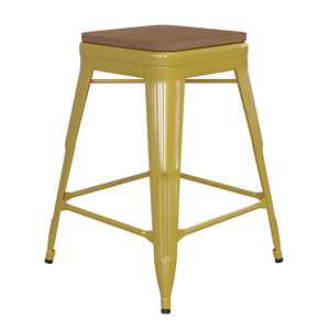 English Elm Kai Commercial Grade 24" Backless Metal Counter Stool for Indoor-Outdoor Use - Durable & Stylish Design Teak Seat/Yellow Frame CH-31320-24-YL-PL2T-GG