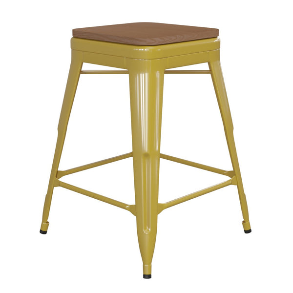 English Elm Kai Commercial Grade 24" Backless Metal Counter Stool for Indoor-Outdoor Use - Durable & Stylish Design Teak Seat/Yellow Frame CH-31320-24-YL-PL2T-GG