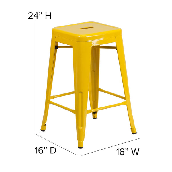 English Elm Kai Commercial Grade 24" Backless Metal Counter Stool for Indoor-Outdoor Use - Durable & Stylish Design Teak Seat/Yellow Frame CH-31320-24-YL-PL2T-GG
