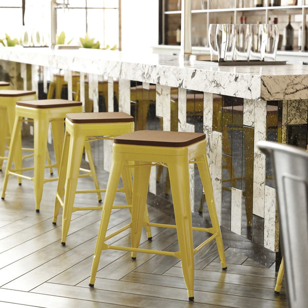 English Elm Kai Commercial Grade 24" Backless Metal Counter Stool for Indoor-Outdoor Use - Durable & Stylish Design Teak Seat/Yellow Frame CH-31320-24-YL-PL2T-GG
