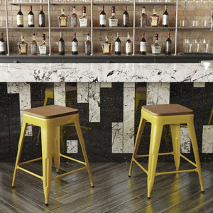 English Elm Kai Commercial Grade 24" Backless Metal Counter Stool for Indoor-Outdoor Use - Durable & Stylish Design Teak Seat/Yellow Frame CH-31320-24-YL-PL2T-GG