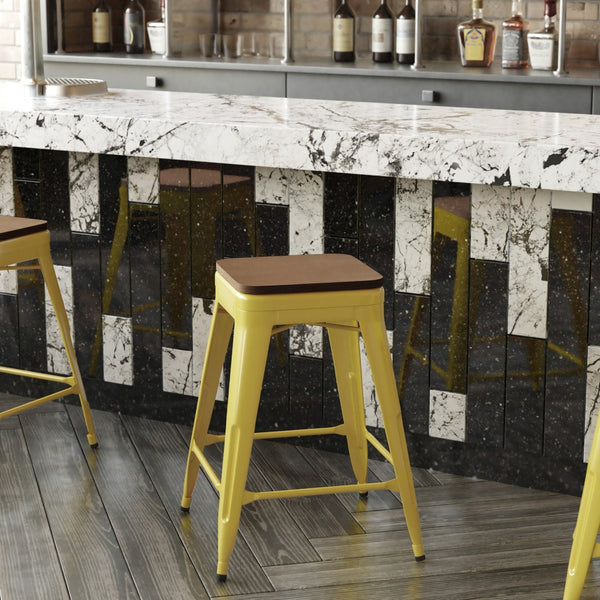 English Elm Kai Commercial Grade 24" Backless Metal Counter Stool for Indoor-Outdoor Use - Durable & Stylish Design Teak Seat/Yellow Frame CH-31320-24-YL-PL2T-GG