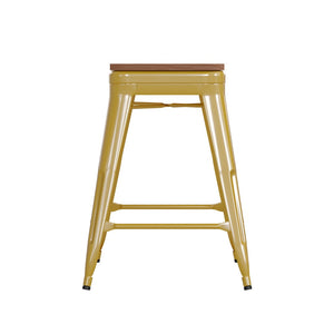 English Elm Kai Commercial Grade 24" Backless Metal Counter Stool for Indoor-Outdoor Use - Durable & Stylish Design Teak Seat/Yellow Frame CH-31320-24-YL-PL2T-GG