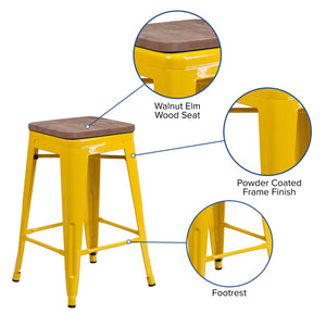 English Elm Lily 24" High Backless Metal Counter Stool with Stylish Wood Seat for Modern Industrial Spaces Yellow CH-31320-24-YL-WD-GG