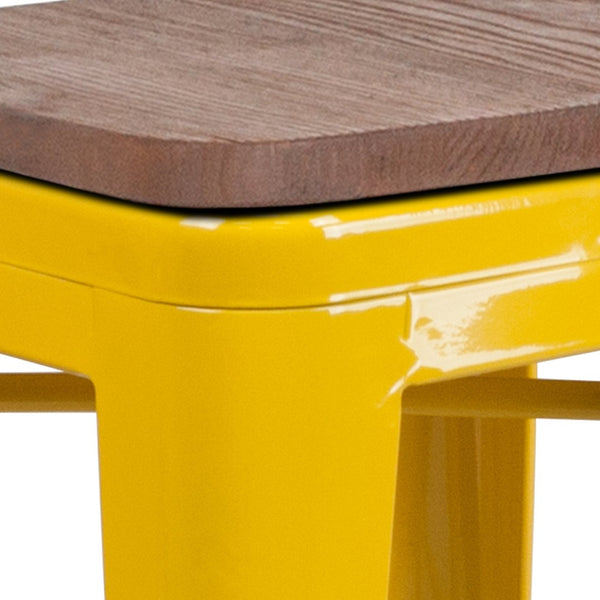 English Elm Lily 24" High Backless Metal Counter Stool with Stylish Wood Seat for Modern Industrial Spaces Yellow CH-31320-24-YL-WD-GG