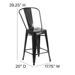 English Elm Kai Commercial Grade 24" High Metal Counter Height Stool for Indoor-Outdoor Use with Removable Back Black CH-31320-24GB-BK-GG