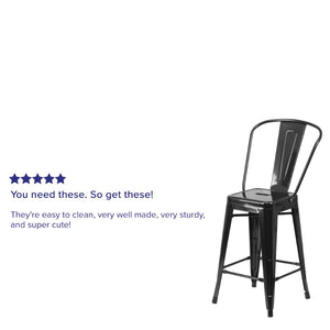English Elm Kai Commercial Grade 24" High Metal Counter Height Stool for Indoor-Outdoor Use with Removable Back Black CH-31320-24GB-BK-GG