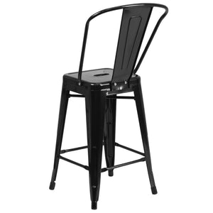 English Elm Kai Commercial Grade 24" High Metal Counter Height Stool for Indoor-Outdoor Use with Removable Back Black CH-31320-24GB-BK-GG