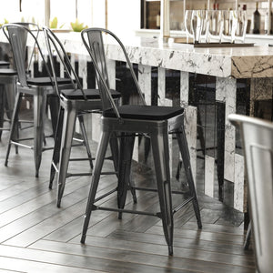 English Elm Kai Commercial Grade 24" High Metal Counter Stool with Removable Backrest for Versatile Seating Options Black Seat/Black Frame CH-31320-24GB-BK-PL2B-GG