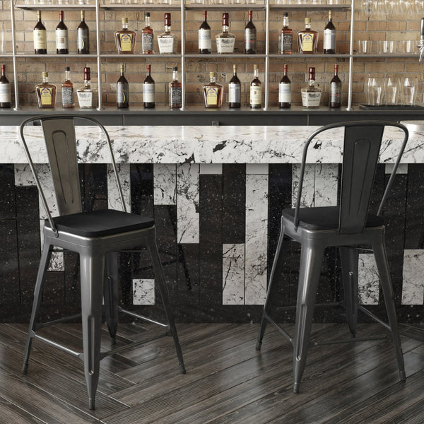 English Elm Kai Commercial Grade 24" High Metal Counter Stool with Removable Backrest for Versatile Seating Options Black Seat/Black Frame CH-31320-24GB-BK-PL2B-GG