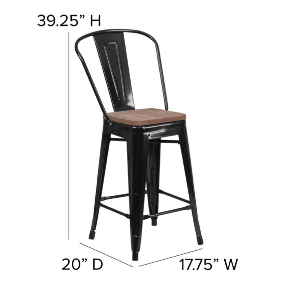 English Elm Lily 24" High Metal Counter Stool with Back and Textured Wood Seat for Modern Bistro Charm Black CH-31320-24GB-BK-WD-GG