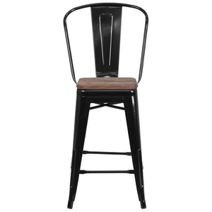English Elm Lily 24" High Metal Counter Stool with Back and Textured Wood Seat for Modern Bistro Charm Black CH-31320-24GB-BK-WD-GG