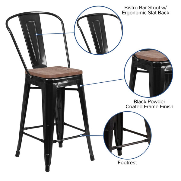 English Elm Lily 24" High Metal Counter Stool with Back and Textured Wood Seat for Modern Bistro Charm Black CH-31320-24GB-BK-WD-GG