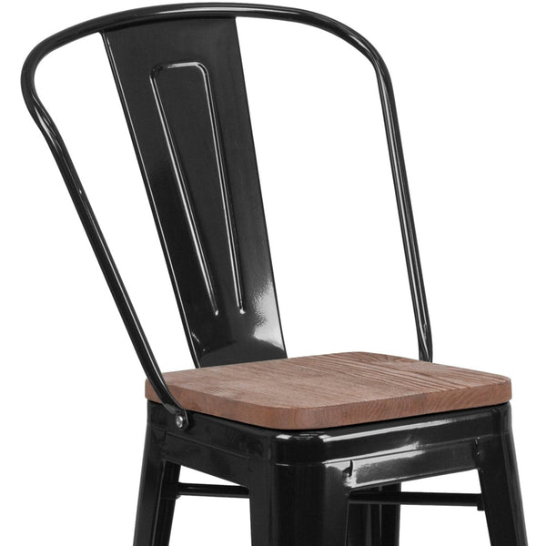 English Elm Lily 24" High Metal Counter Stool with Back and Textured Wood Seat for Modern Bistro Charm Black CH-31320-24GB-BK-WD-GG
