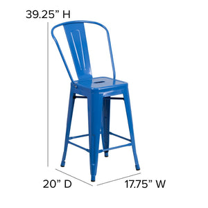 English Elm Kai Commercial Grade 24" High Metal Counter Height Stool for Indoor-Outdoor Use with Removable Back Blue CH-31320-24GB-BL-GG