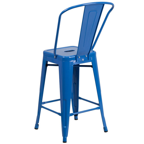 English Elm Kai Commercial Grade 24" High Metal Counter Height Stool for Indoor-Outdoor Use with Removable Back Blue CH-31320-24GB-BL-GG