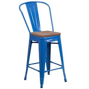 English Elm Lily 24" High Metal Counter Stool with Back and Textured Wood Seat for Modern Bistro Charm Blue CH-31320-24GB-BL-WD-GG