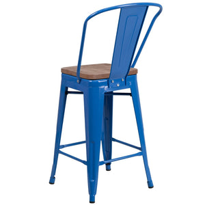 English Elm Lily 24" High Metal Counter Stool with Back and Textured Wood Seat for Modern Bistro Charm Blue CH-31320-24GB-BL-WD-GG