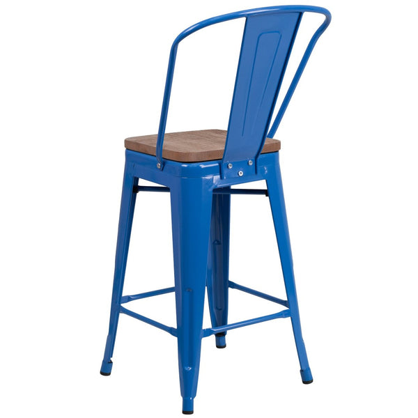 English Elm Lily 24" High Metal Counter Stool with Back and Textured Wood Seat for Modern Bistro Charm Blue CH-31320-24GB-BL-WD-GG