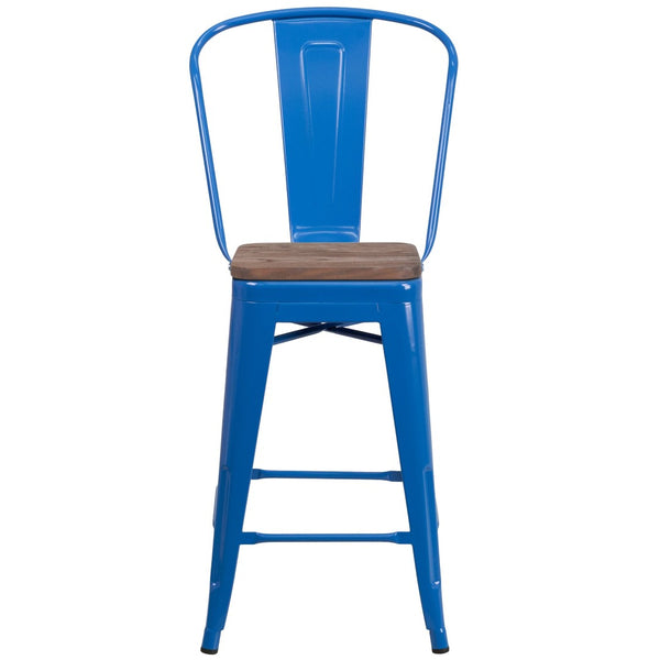 English Elm Lily 24" High Metal Counter Stool with Back and Textured Wood Seat for Modern Bistro Charm Blue CH-31320-24GB-BL-WD-GG