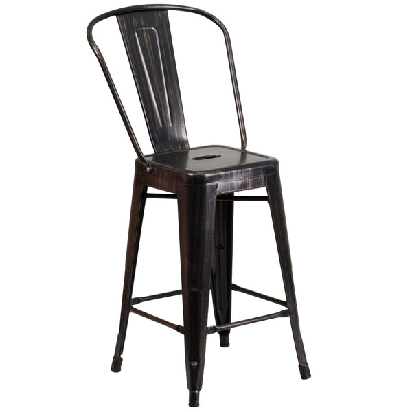 English Elm Kai Commercial Grade 24" High Metal Counter Height Stool for Indoor-Outdoor Use with Removable Back Black-Antique Gold CH-31320-24GB-BQ-GG
