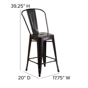 English Elm Kai Commercial Grade 24" High Metal Counter Height Stool for Indoor-Outdoor Use with Removable Back Black-Antique Gold CH-31320-24GB-BQ-GG
