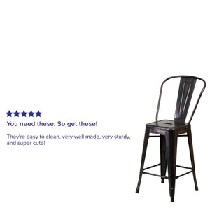 English Elm Kai Commercial Grade 24" High Metal Counter Height Stool for Indoor-Outdoor Use with Removable Back Black-Antique Gold CH-31320-24GB-BQ-GG