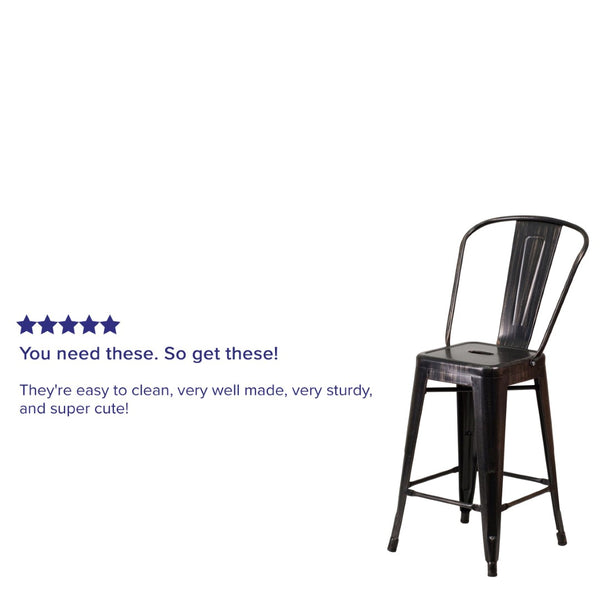 English Elm Kai Commercial Grade 24" High Metal Counter Height Stool for Indoor-Outdoor Use with Removable Back Black-Antique Gold CH-31320-24GB-BQ-GG