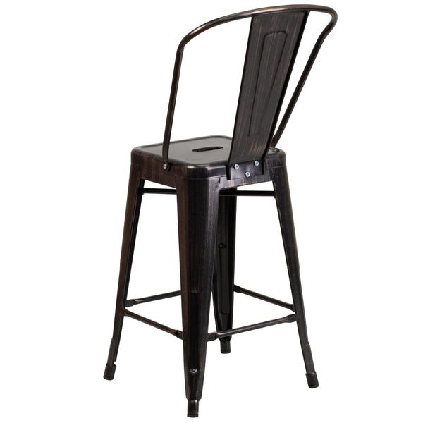 English Elm Kai Commercial Grade 24" High Metal Counter Height Stool for Indoor-Outdoor Use with Removable Back Black-Antique Gold CH-31320-24GB-BQ-GG