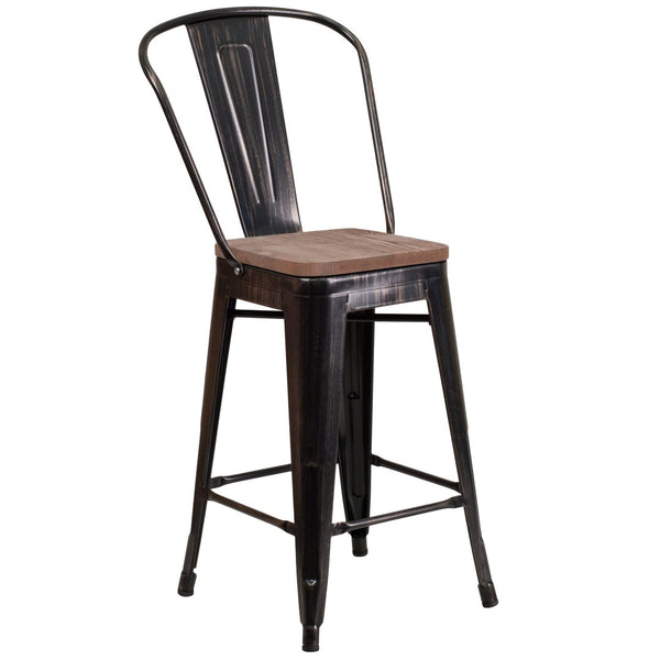 English Elm Lily 24" High Metal Counter Stool with Back and Textured Wood Seat for Modern Bistro Charm Black-Antique Gold CH-31320-24GB-BQ-WD-GG