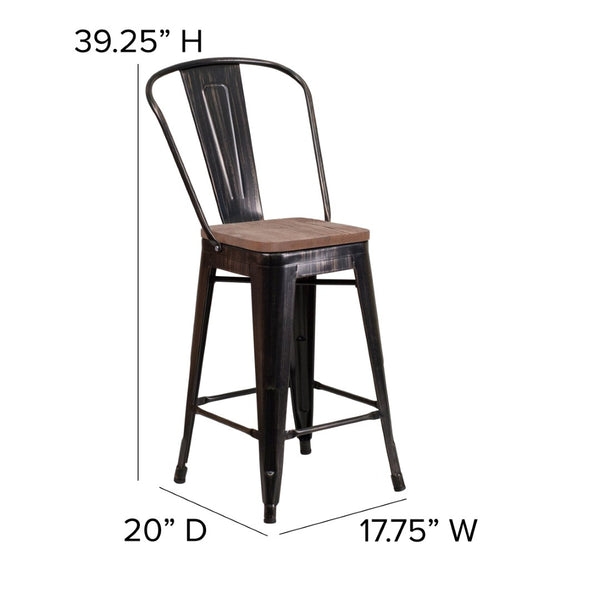 English Elm Lily 24" High Metal Counter Stool with Back and Textured Wood Seat for Modern Bistro Charm Black-Antique Gold CH-31320-24GB-BQ-WD-GG