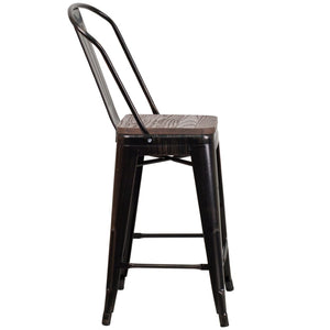 English Elm Lily 24" High Metal Counter Stool with Back and Textured Wood Seat for Modern Bistro Charm Black-Antique Gold CH-31320-24GB-BQ-WD-GG