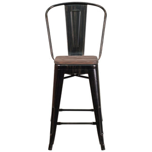 English Elm Lily 24" High Metal Counter Stool with Back and Textured Wood Seat for Modern Bistro Charm Black-Antique Gold CH-31320-24GB-BQ-WD-GG