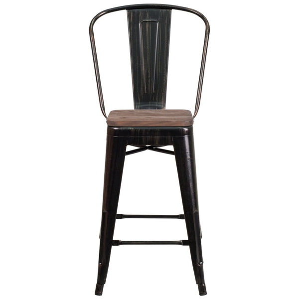 English Elm Lily 24" High Metal Counter Stool with Back and Textured Wood Seat for Modern Bistro Charm Black-Antique Gold CH-31320-24GB-BQ-WD-GG