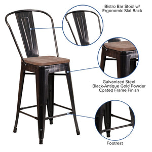 English Elm Lily 24" High Metal Counter Stool with Back and Textured Wood Seat for Modern Bistro Charm Black-Antique Gold CH-31320-24GB-BQ-WD-GG
