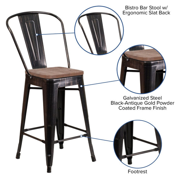 English Elm Lily 24" High Metal Counter Stool with Back and Textured Wood Seat for Modern Bistro Charm Black-Antique Gold CH-31320-24GB-BQ-WD-GG